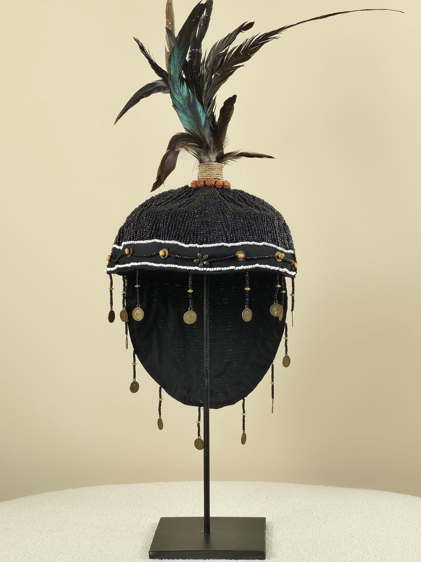 Decorative Helmet with Beads and Feathers - Black