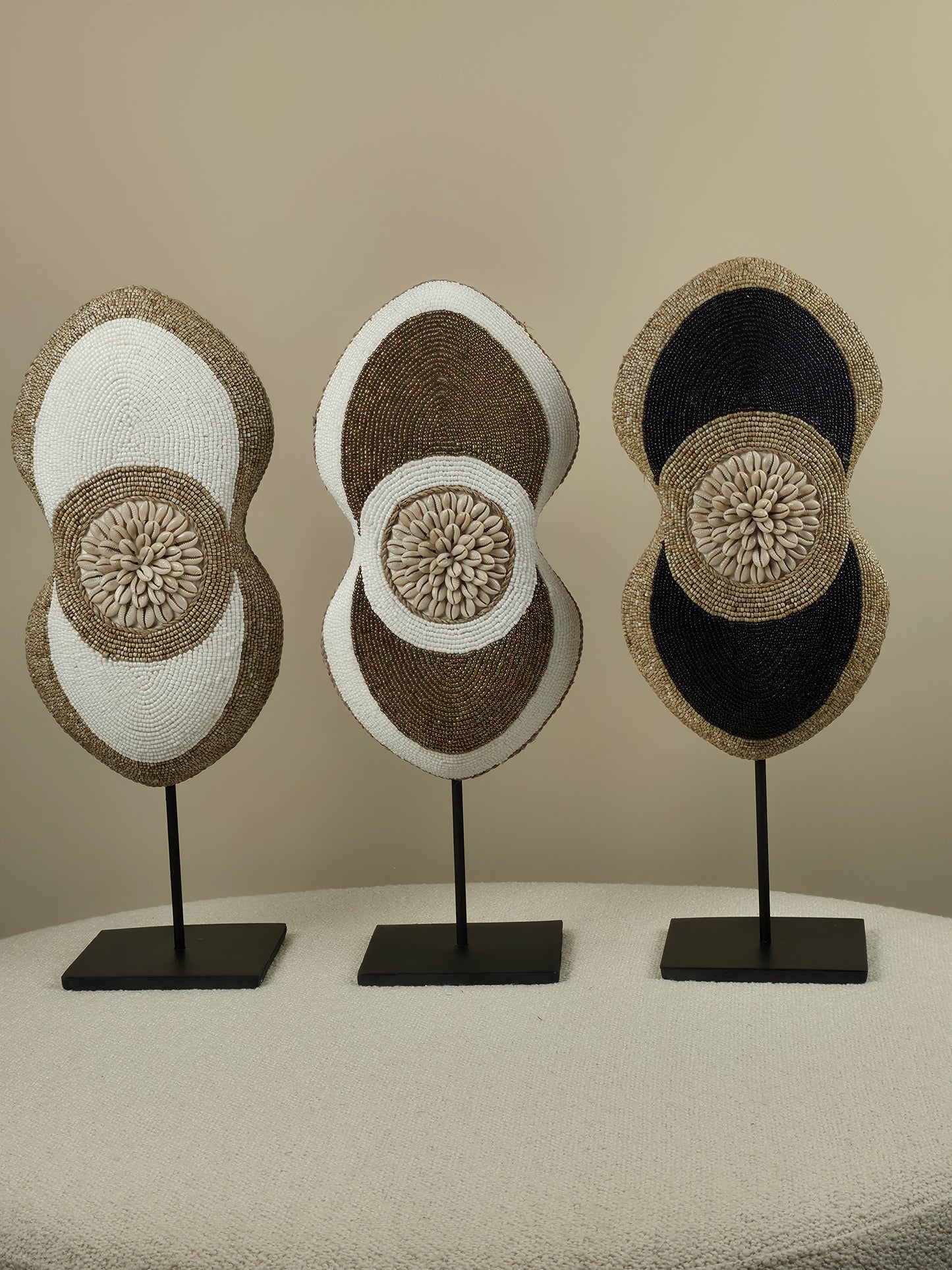 Beaded and Shell Decoration Oval on Stand - White