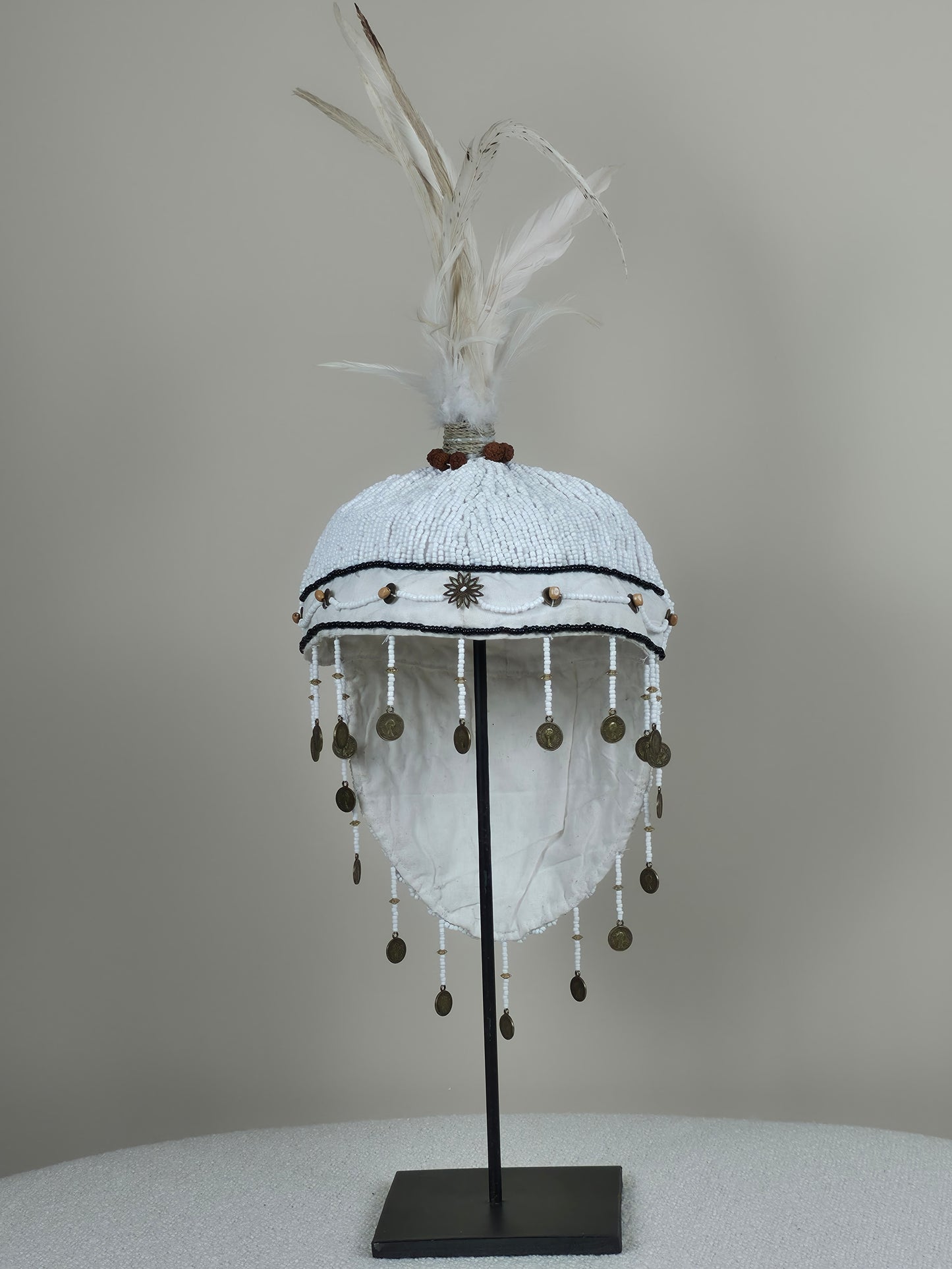 Decorative Helmet with Beads and Feathers - White