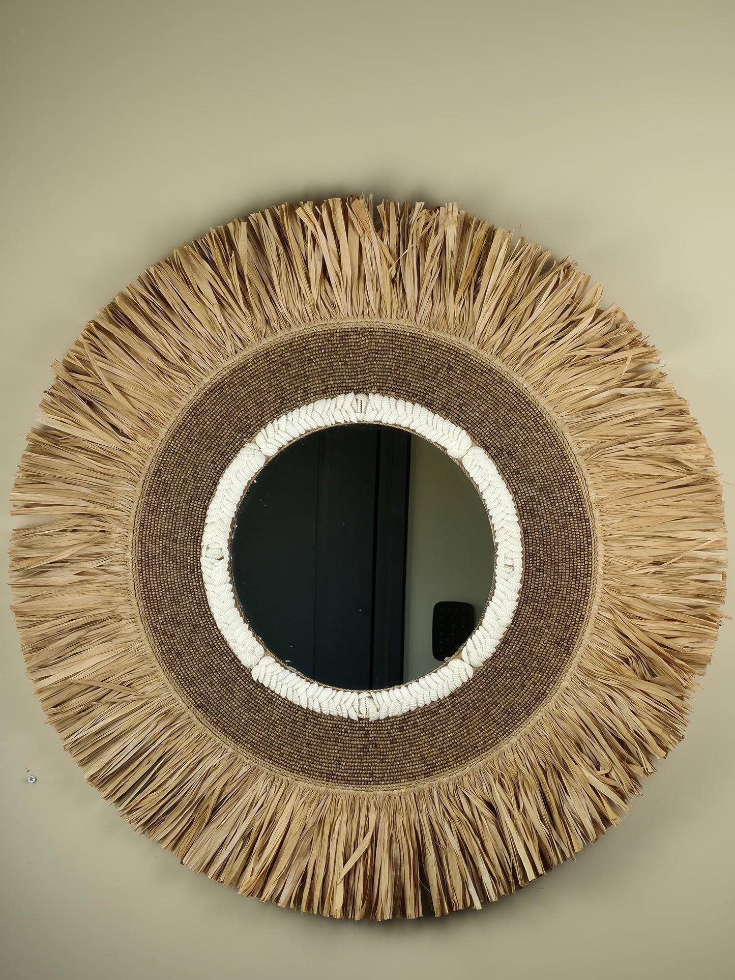 Raffia- en Kralen Wandspiegel - Monique